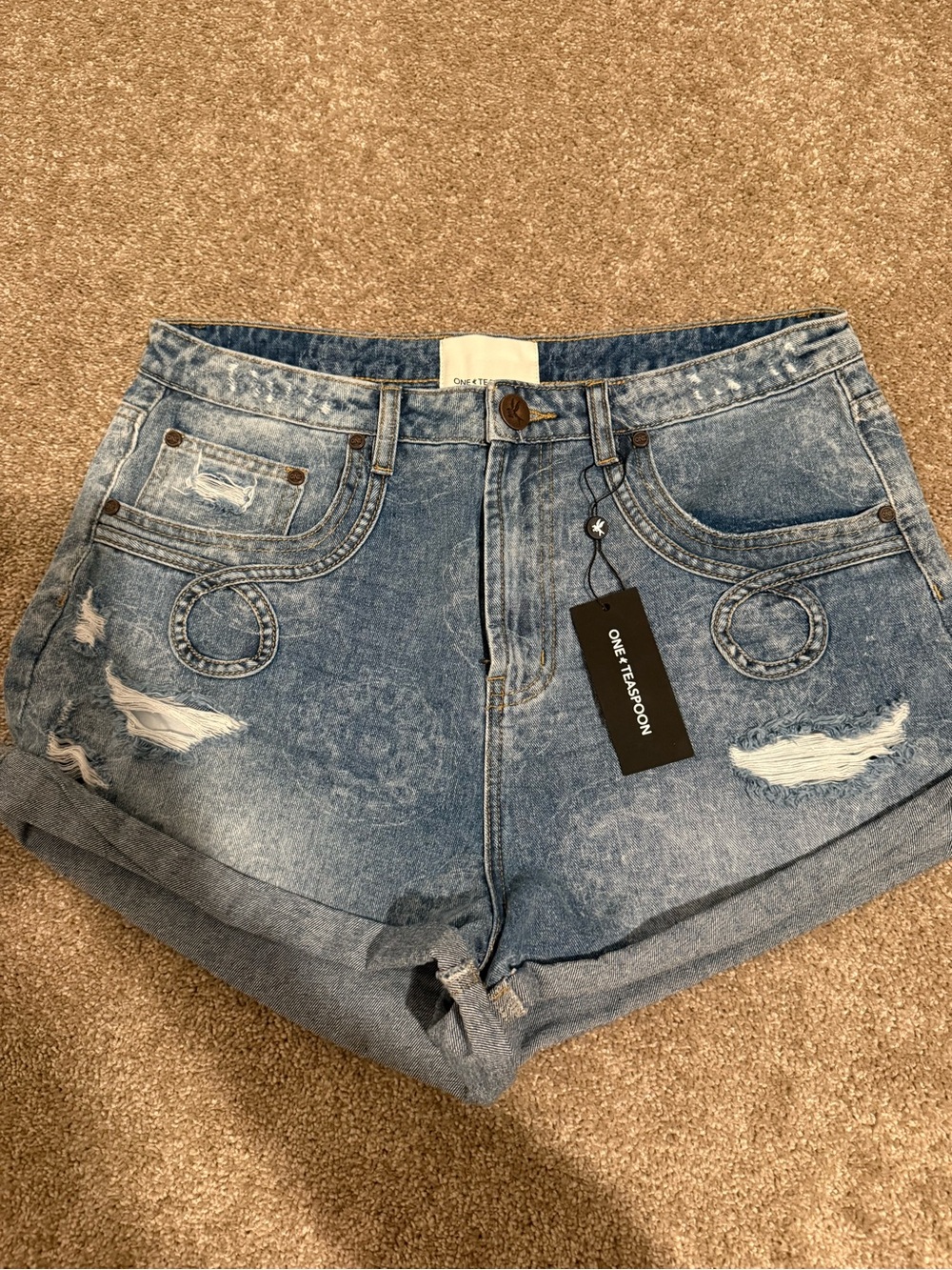 One Teaspoon Distressed Light Blue High-Rise Denim Shorts